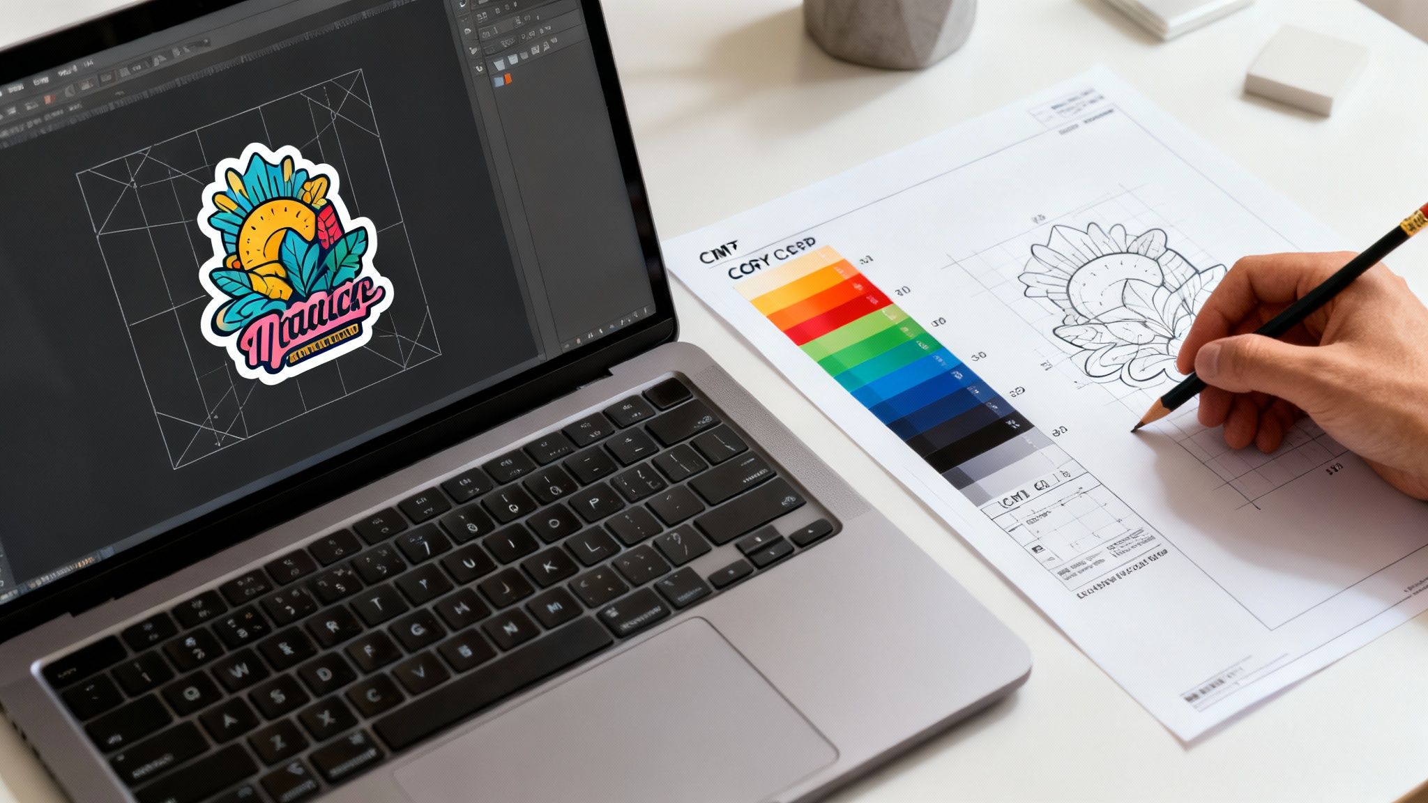 A designer working on a custom sticker design, with a laptop showing the digital art and a hand sketching on paper.