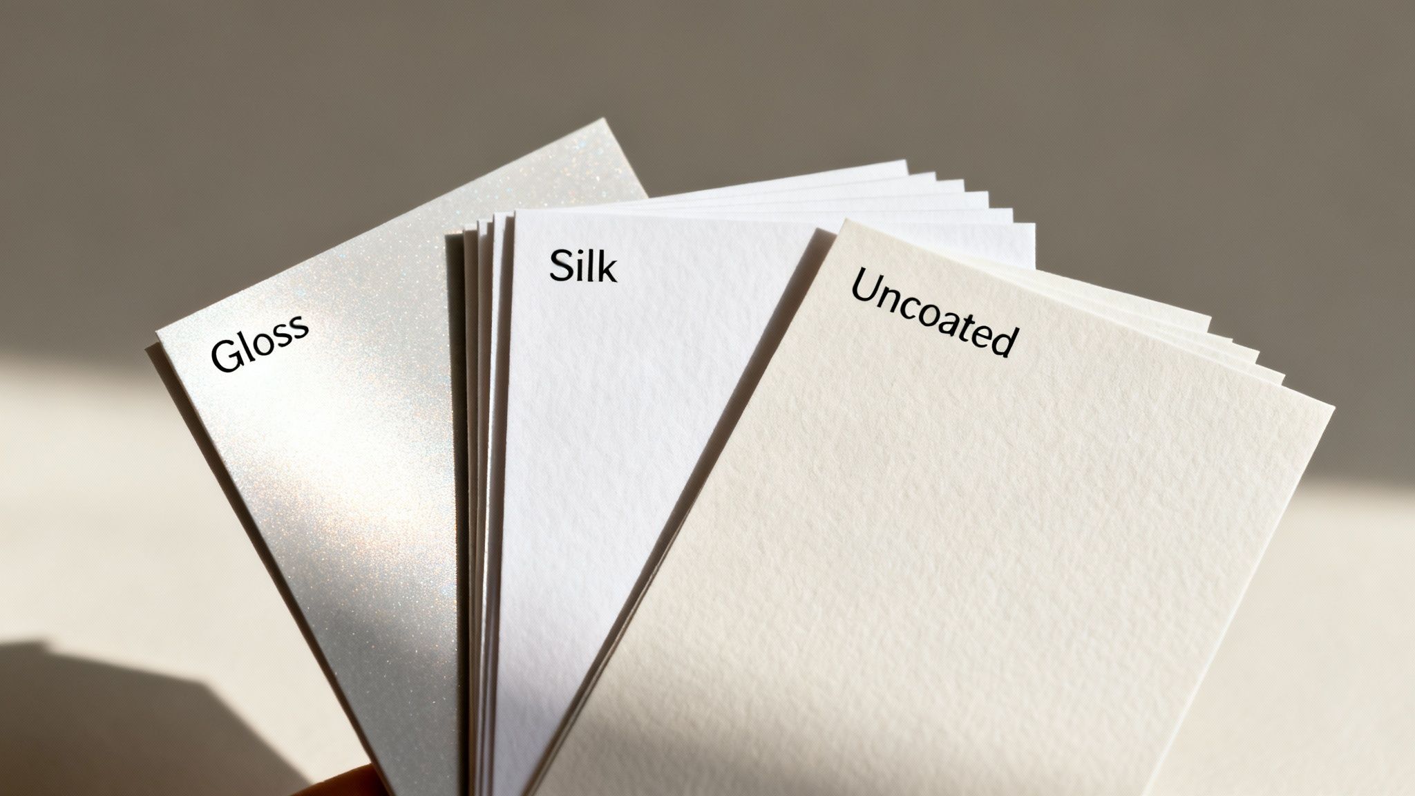 Three stacks of paper showing Gloss, Silk, and Uncoated finishes under sunlight.