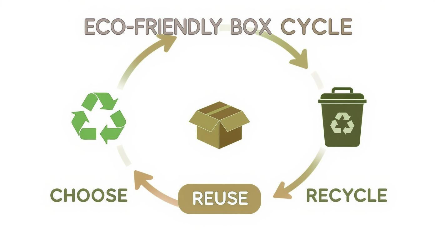 Diagram illustrating the eco-friendly cycle of cardboard boxes: choose, reuse, and recycle.