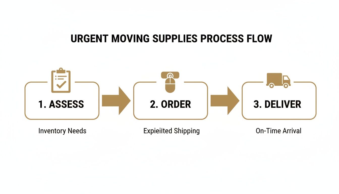 Urgent moving supplies process flow diagram showing steps to assess, order, and deliver.