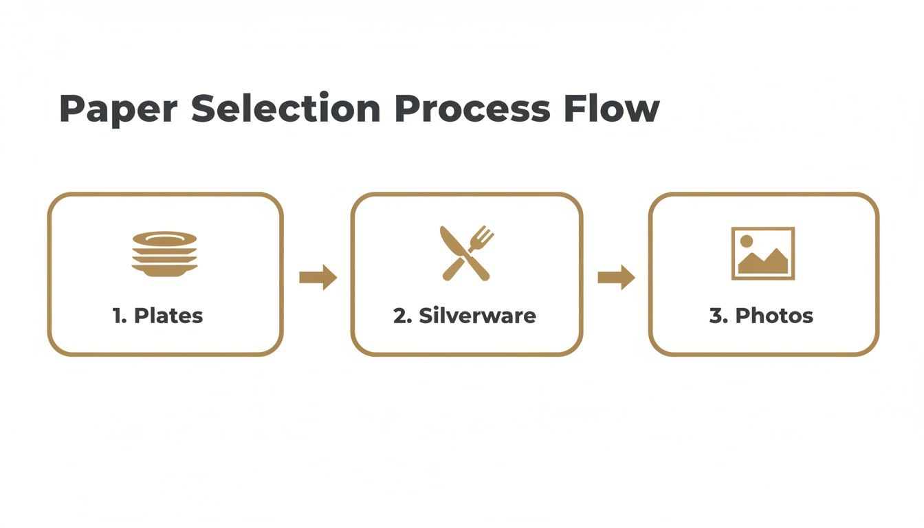 Flowchart detailing a paper selection process, illustrating steps for plates, silverware, and photos.