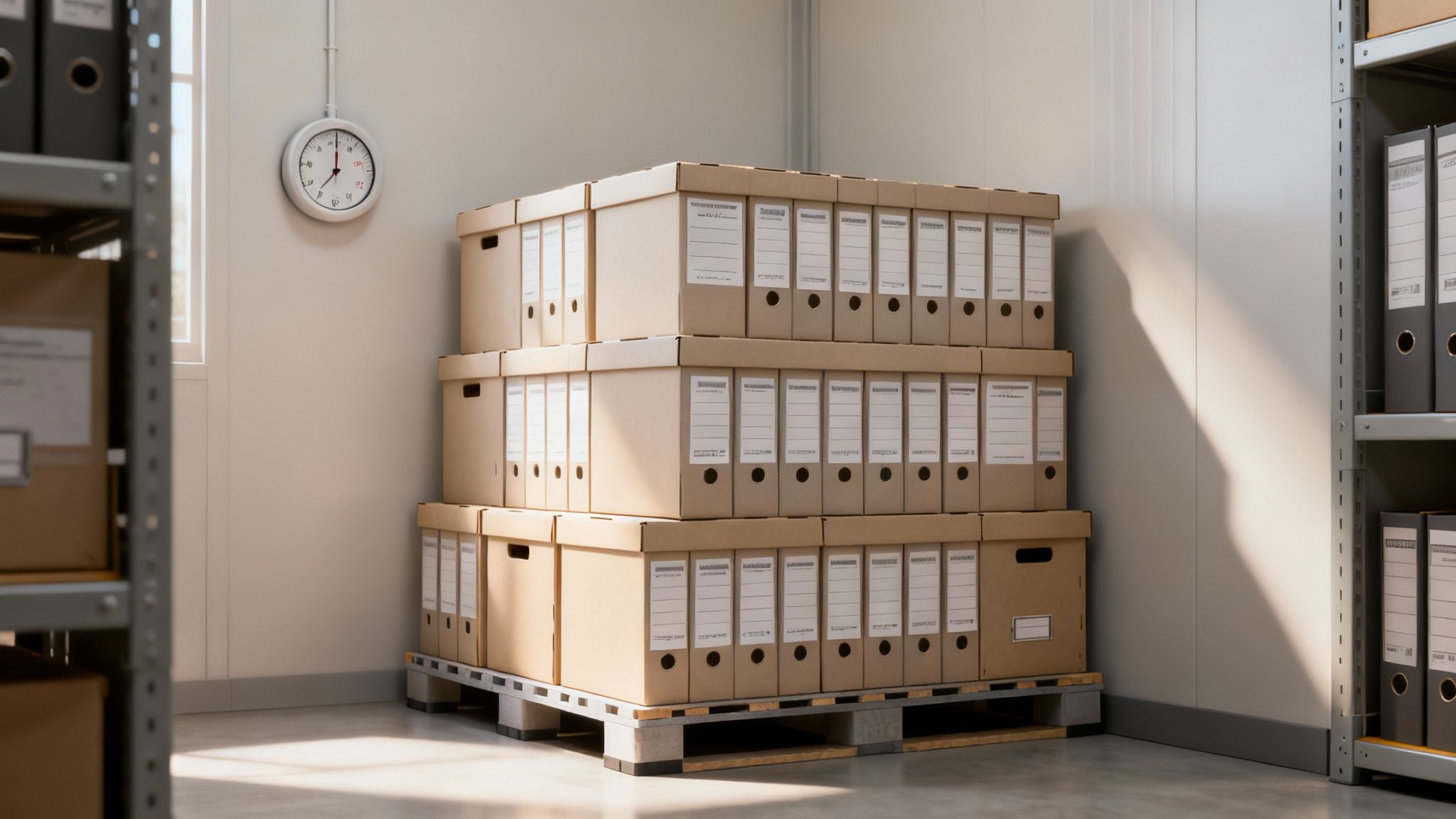 Stacked brown cardboard archive boxes on pallets in an organized storage room, with file folders on shelves.