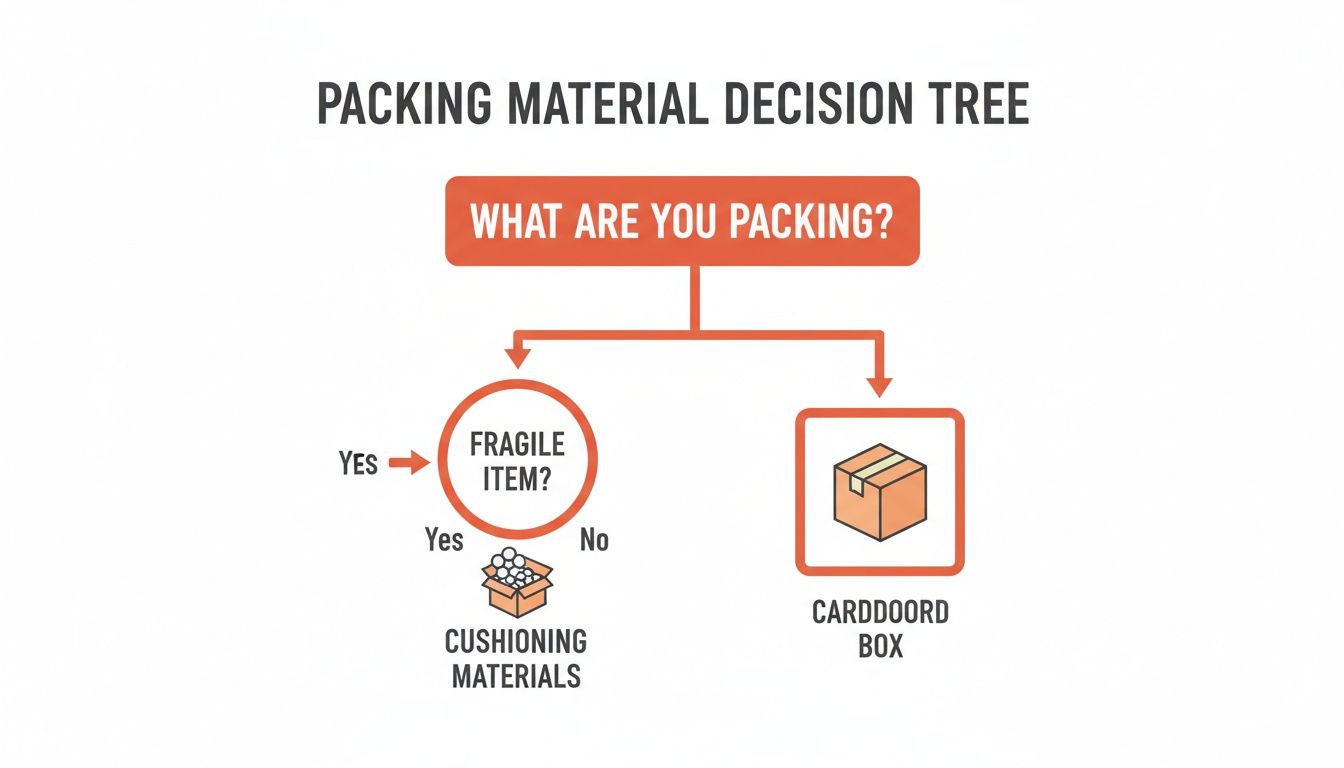 A packing material decision tree showing to use cushioning for fragile items and cardboard boxes for others.