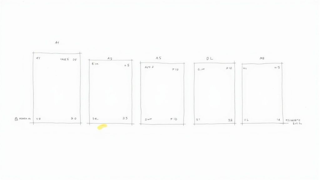 A collection of flyers in different A-series sizes laid out on a table