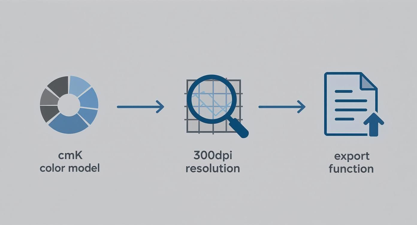 Workflow diagram showing CMYK color model, 300 DPI resolution, and export function for document creation