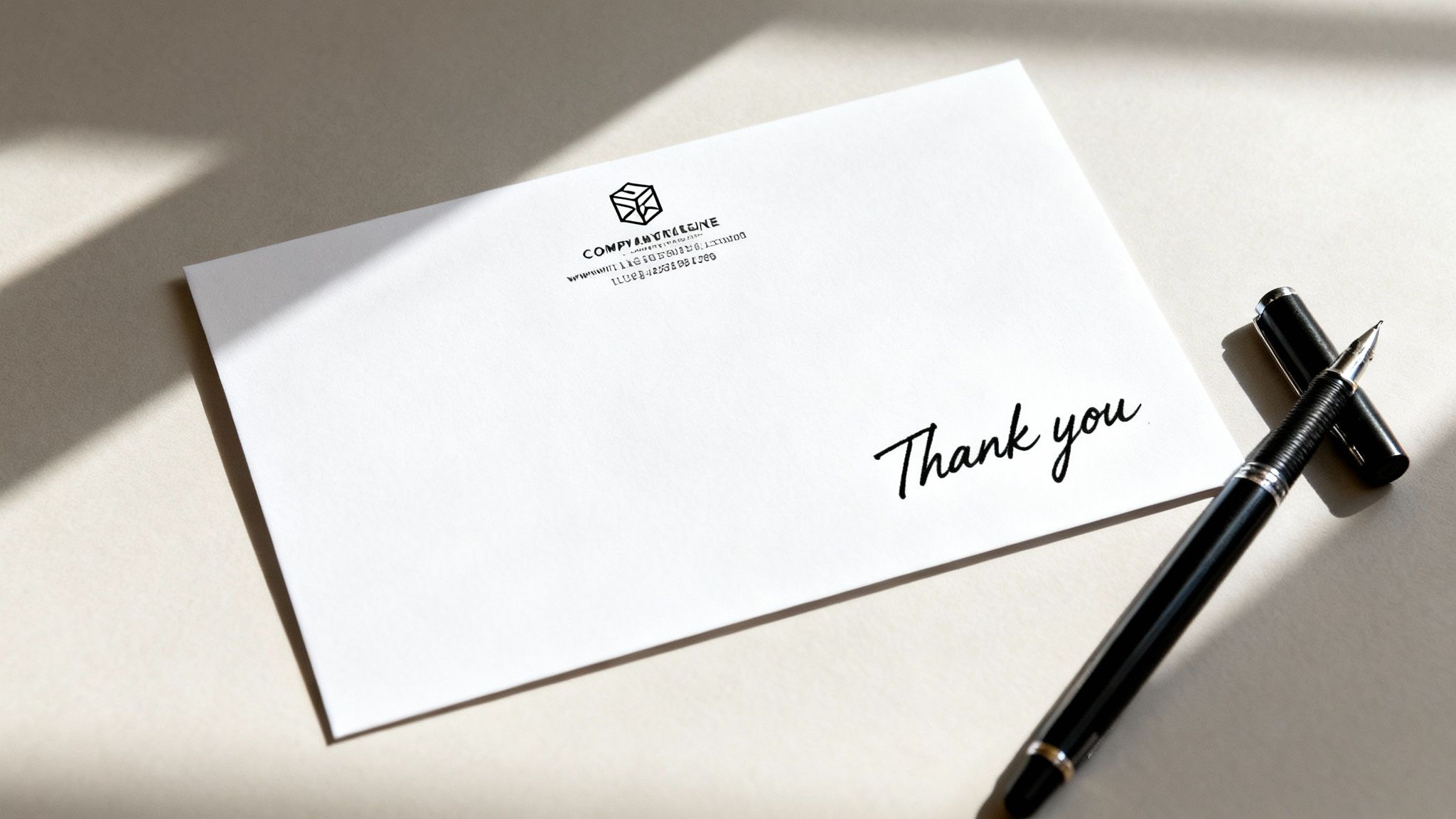 A white compliment slip with 'Thank you' and a company logo, next to a black fountain pen.