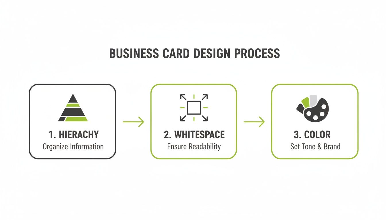 Diagram outlining the three key steps of business card design: Hierarchy, Whitespace, and Color.