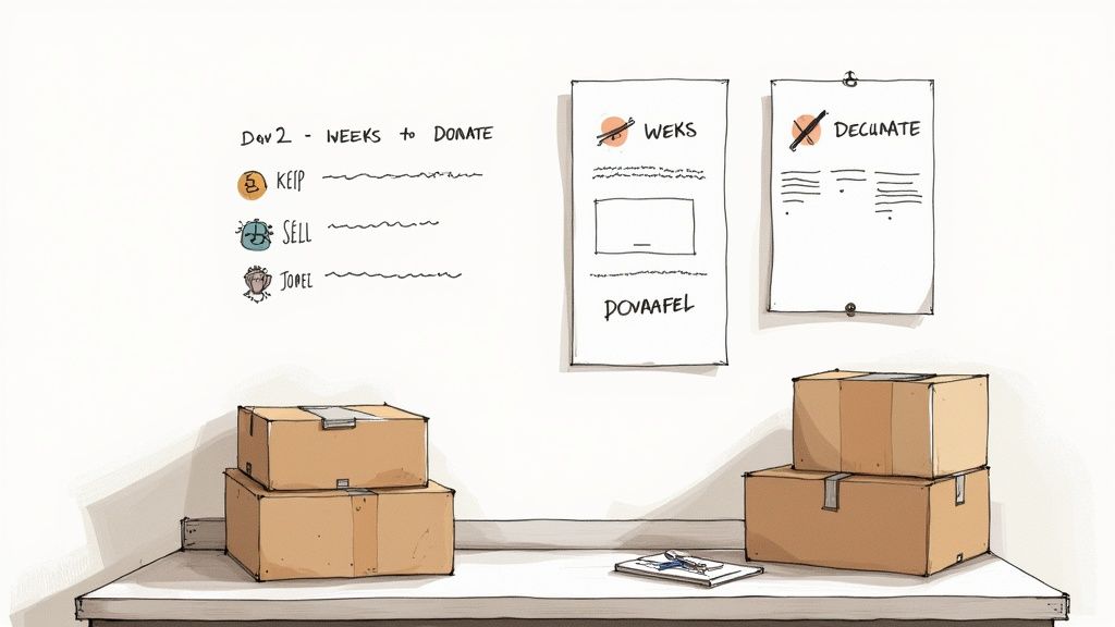 A person packing a cardboard box on a wooden floor, surrounded by other packed boxes.