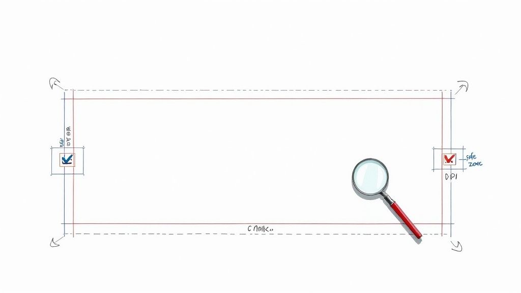 A diagram showing a rectangular layout with red and blue lines, marked zones, checkmarks, and a magnifying glass.