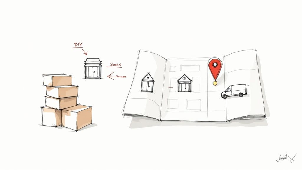 Illustration of moving boxes, a DIY store, and a map with houses, a location pin, and a delivery van, representing moving and delivery services.