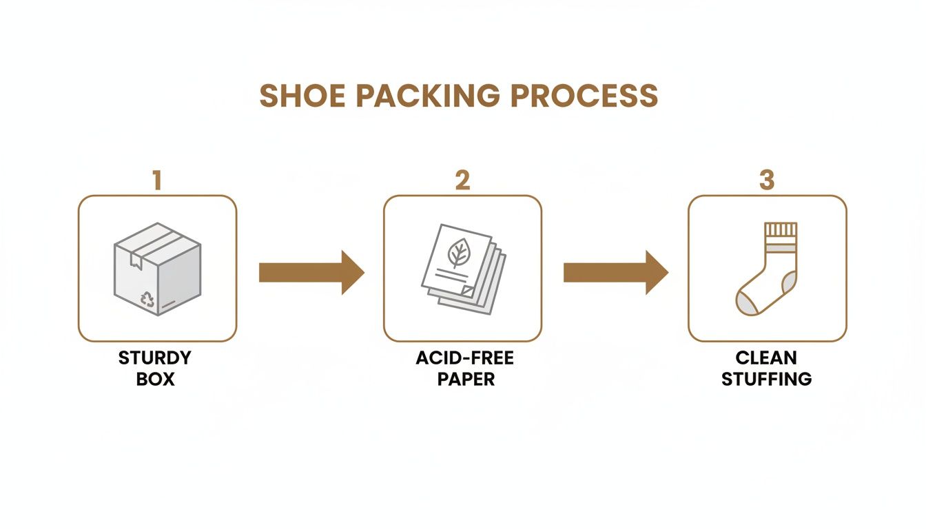 An infographic showing the shoe packing process with a sturdy box, acid-free paper, and clean stuffing.