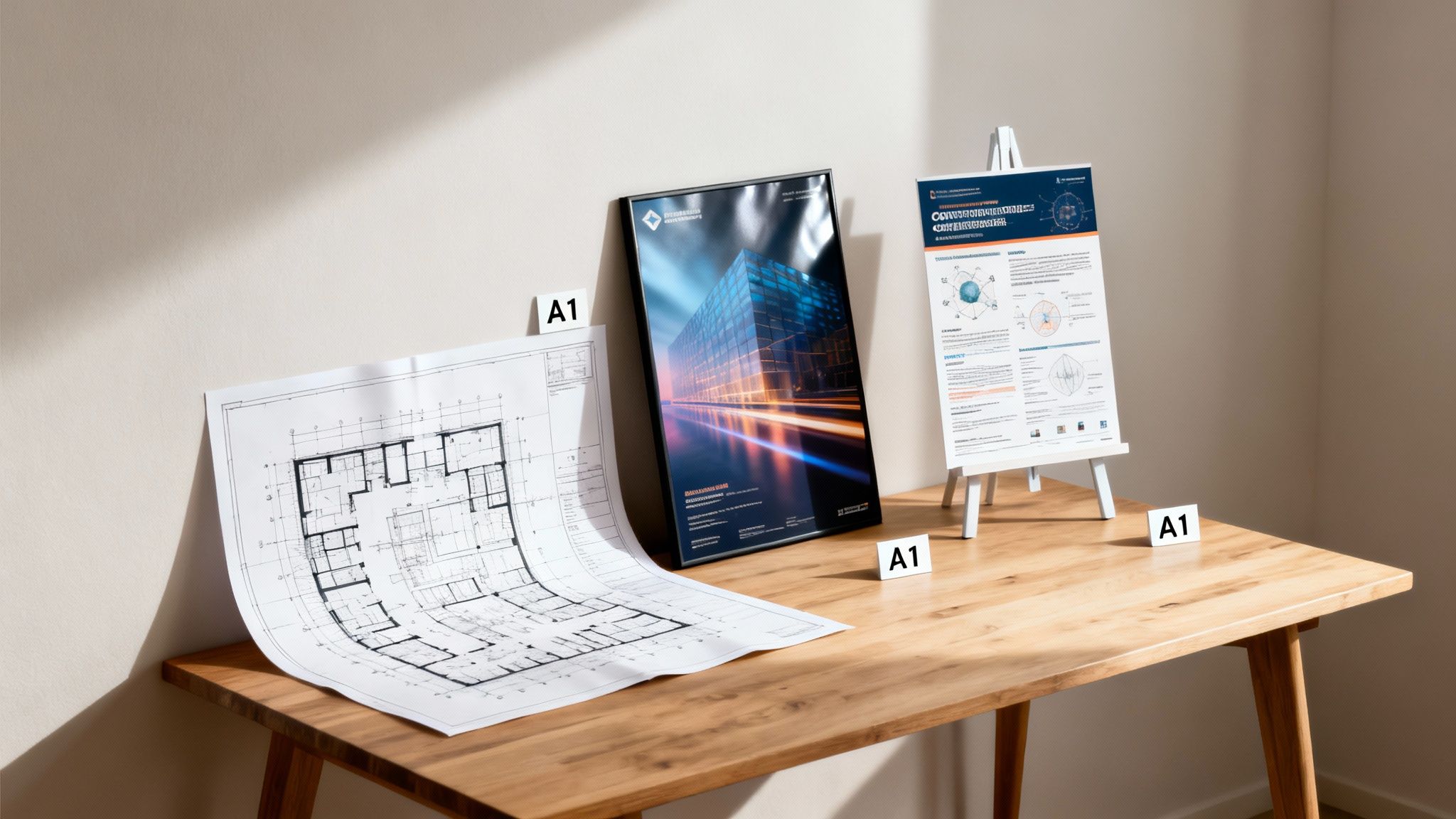 Various A1 size documents, including architectural blueprints and framed posters, displayed on a wooden table.