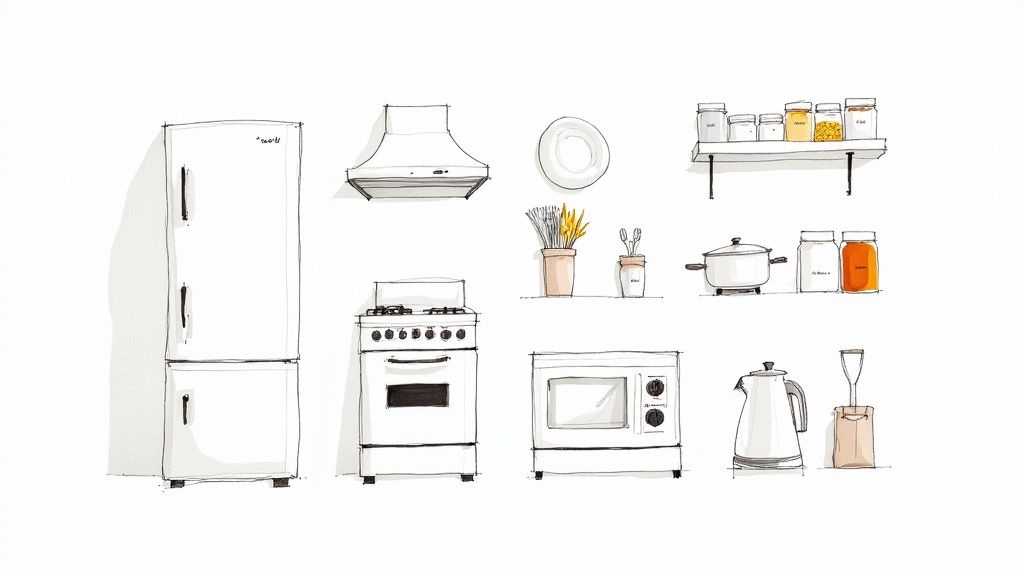 A hand-drawn illustration depicting a collection of common kitchen appliances and items on a white background.