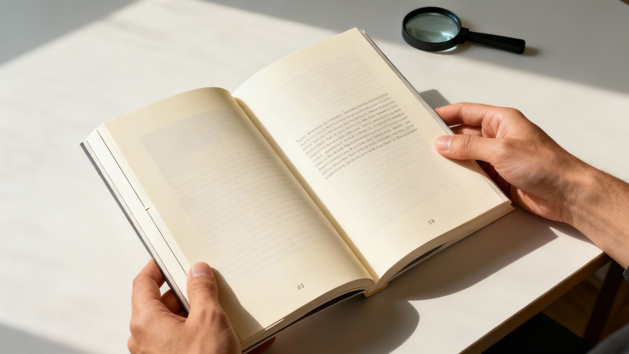 Close-up of a person's hands holding an open book on a white table with a magnifying glass.