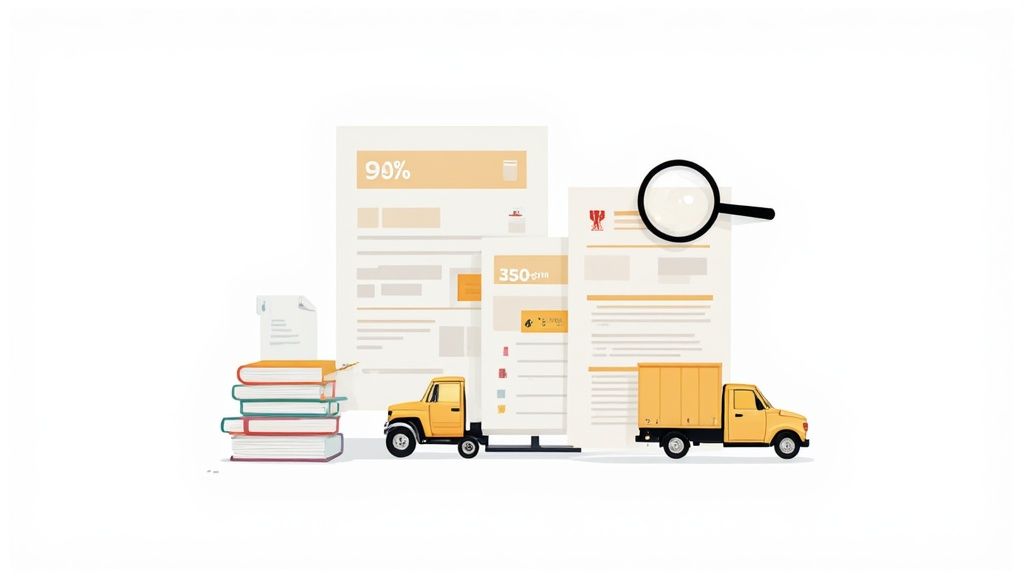 Illustration of online document processing, data review, logistics, and delivery services.