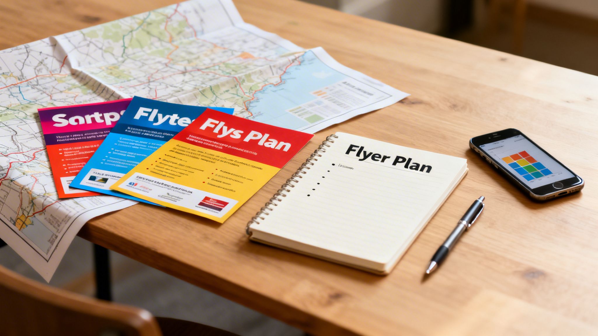 A wooden desk with a map, vibrant flyers, a 'Flyer Plan' notebook, a pen, and a smartphone showing a chart.