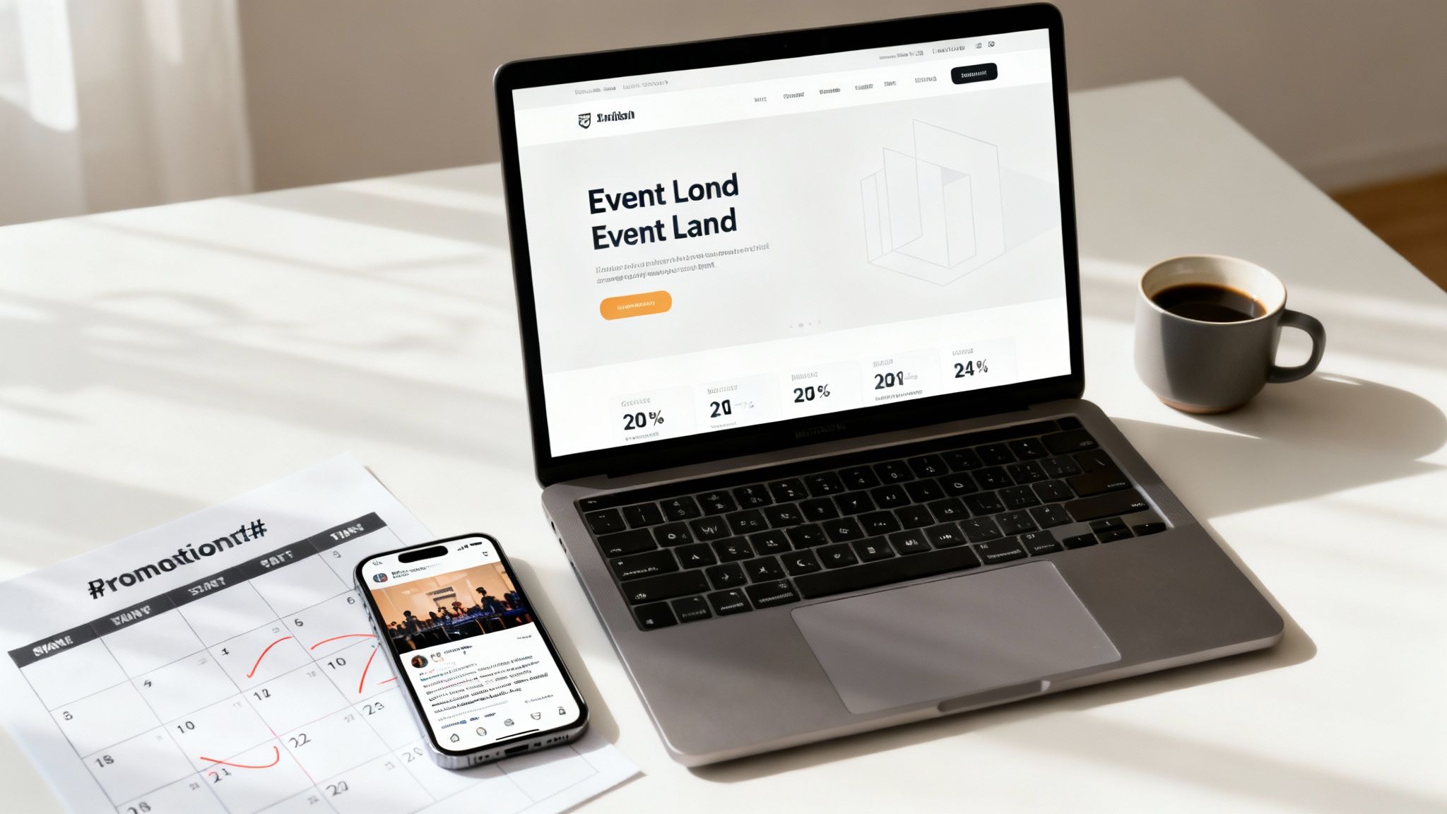 A laptop displaying an 'Event Land' website, a smartphone with social media, a calendar, and a coffee mug on a white desk.