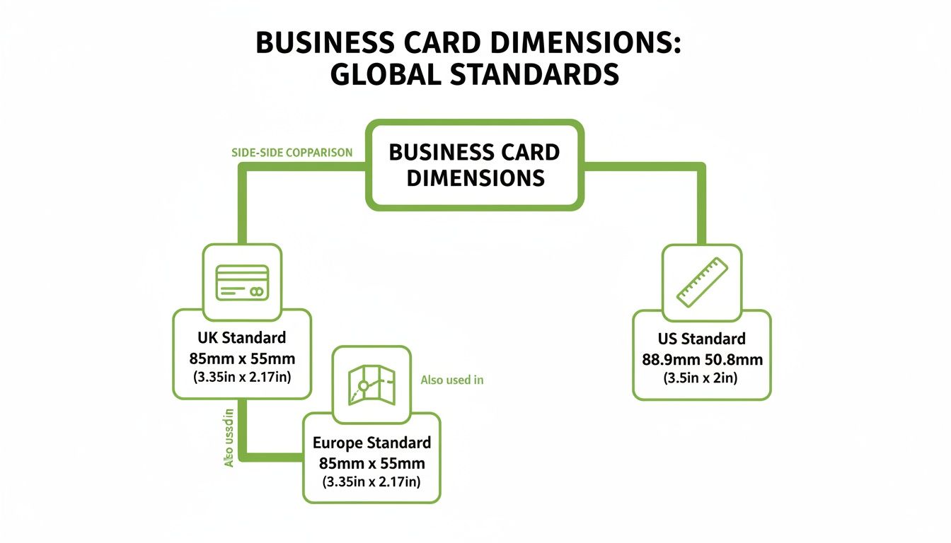 Diagram illustrating global business card dimensions for UK, Europe, and US standards in mm and inches.