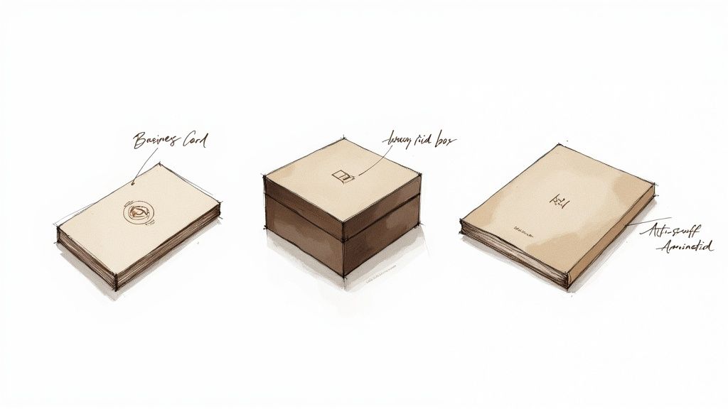 A selection of print products with various finishes, including foiling and spot UV