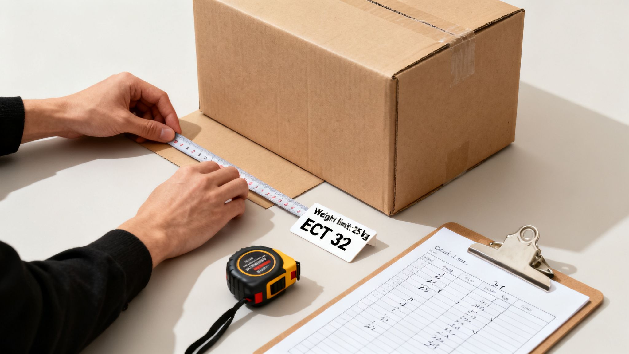 Hands measuring a brown cardboard box with a tape measure, next to a 'Weight limit: 25 kg ECT 32' sign.