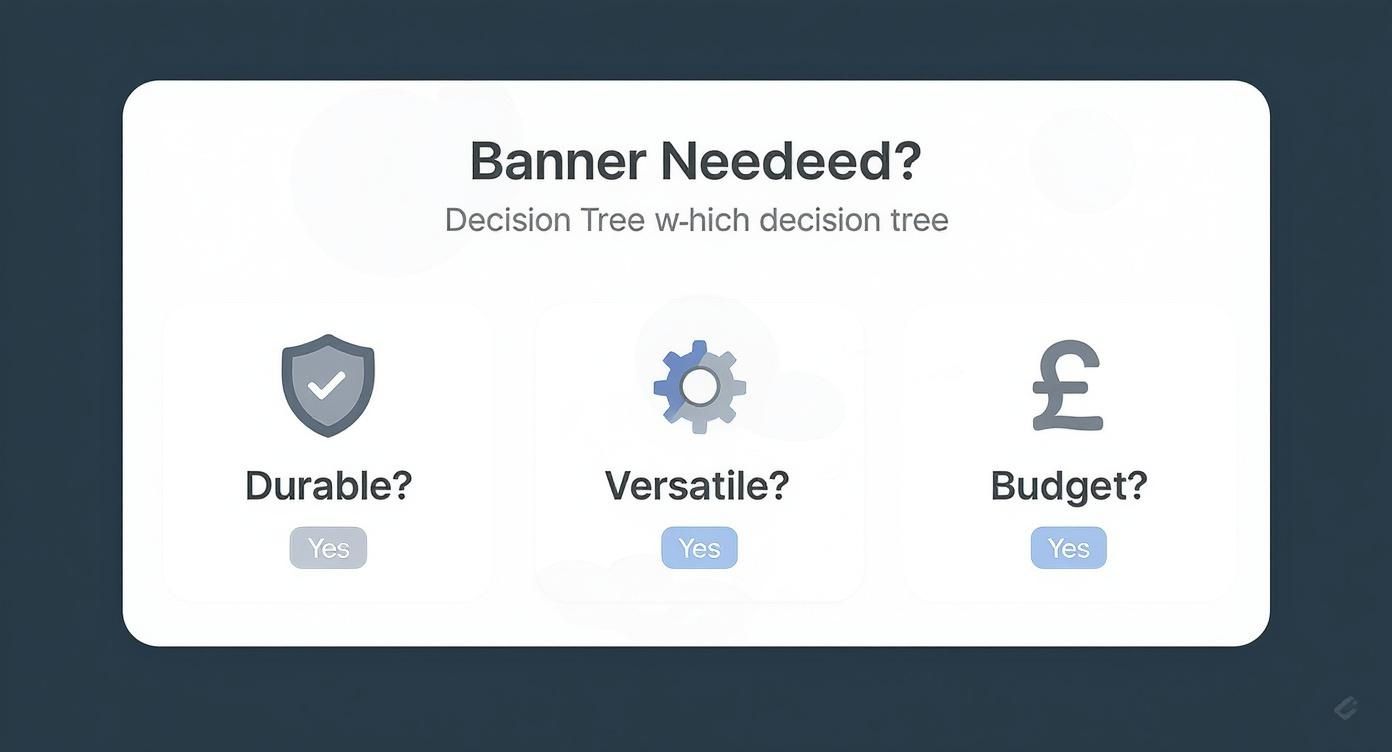 An interactive decision tree asks about banner needs: durability, versatility, and budget preferences with yes buttons.