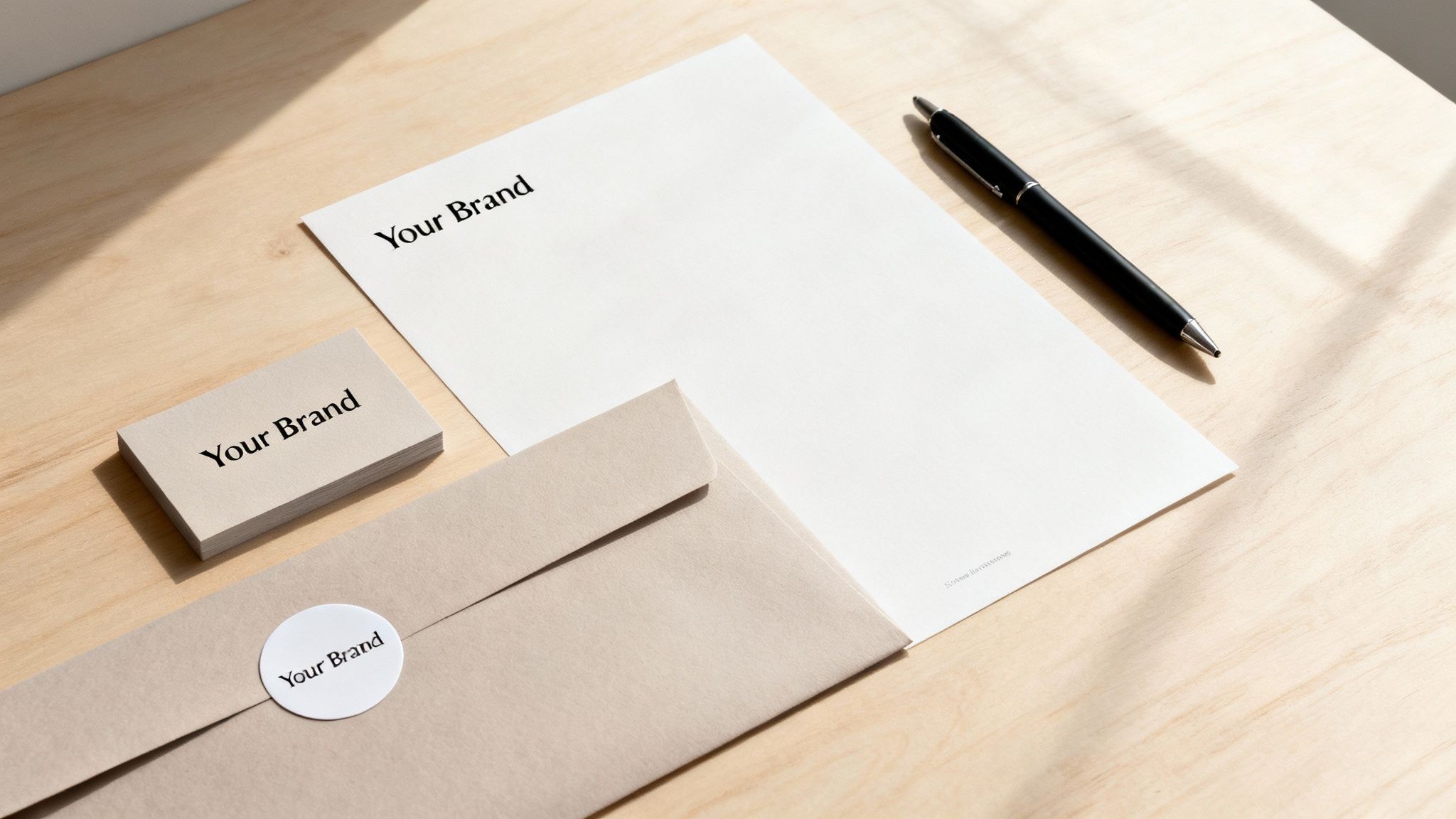 Flat lay of professional marketing materials, including business cards, letterhead, envelope, and a pen on a wooden surface.