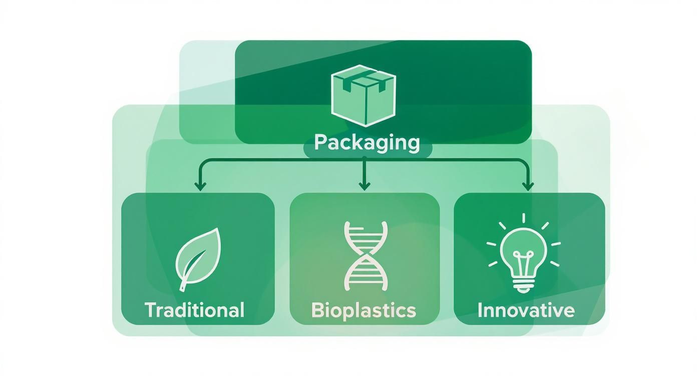 Infographic showing three types of packaging: traditional with leaf icon, bioplastics with DNA, and innovative with lightbulb