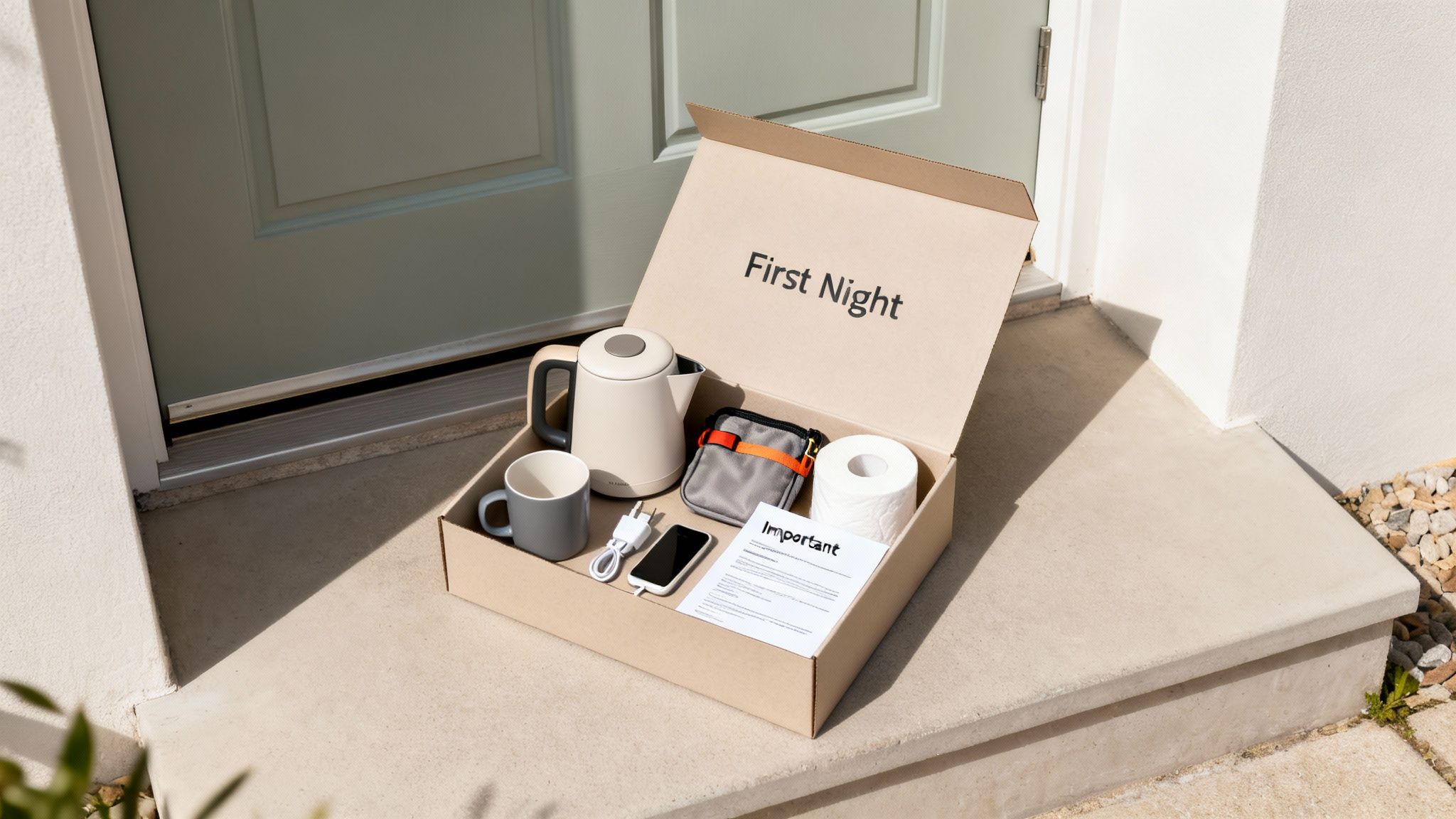 An open "First Night" welcome box on a doorstep, filled with moving essentials like a kettle, mug, and toilet paper.