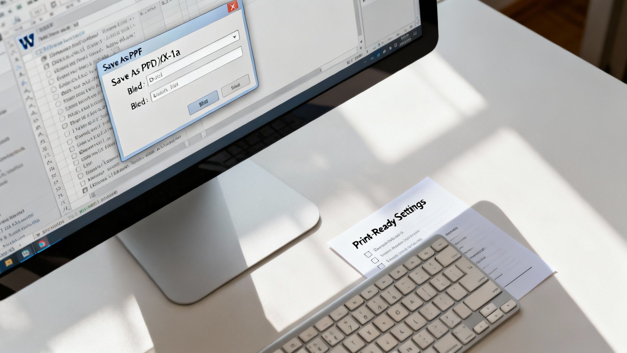 A close-up of a computer screen showing 'Save As PDF' settings and a 'Print-Ready Settings' document.