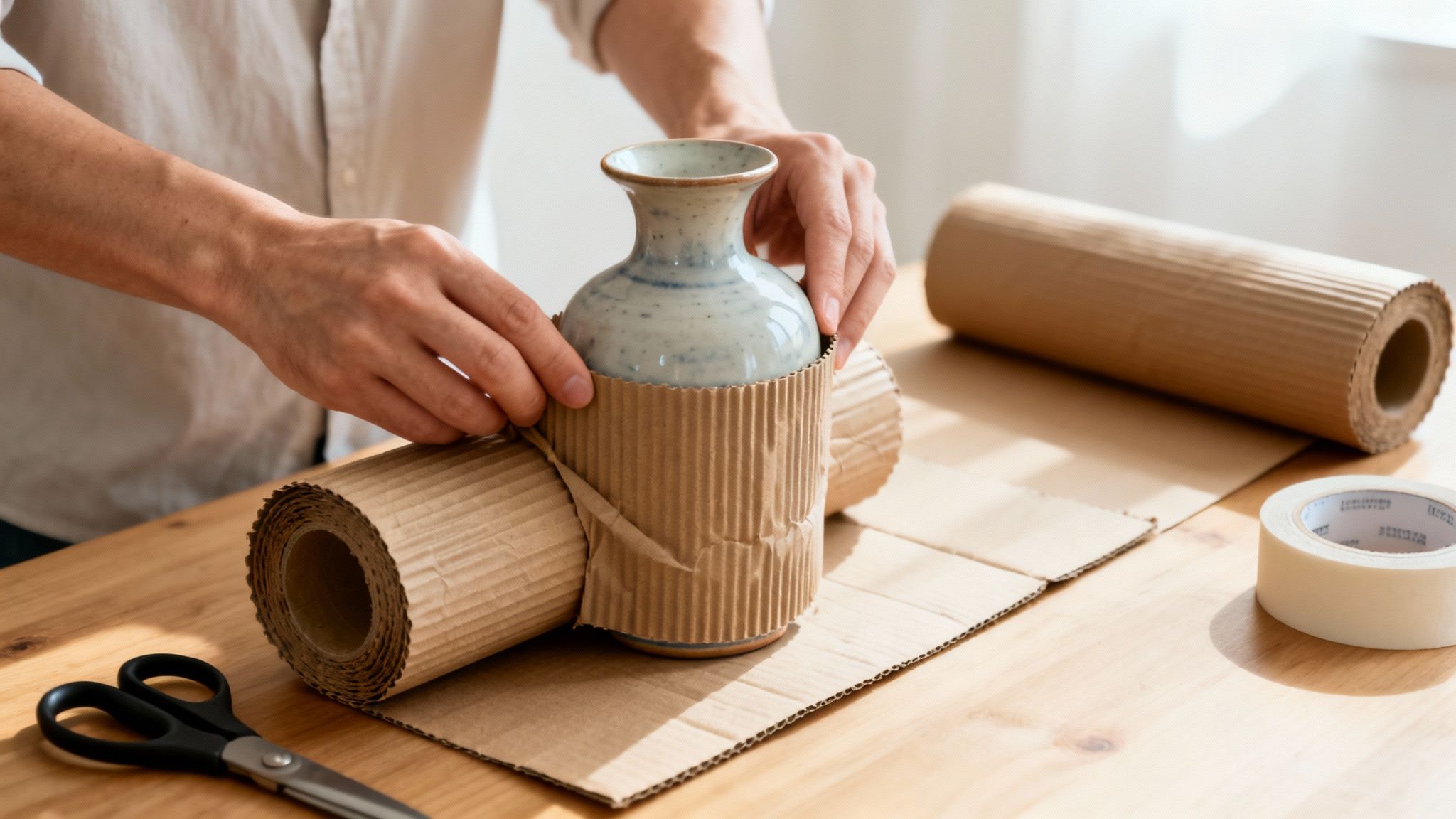 Hands carefully wrapping a delicate ceramic vase with corrugated cardboard on a wooden table.
