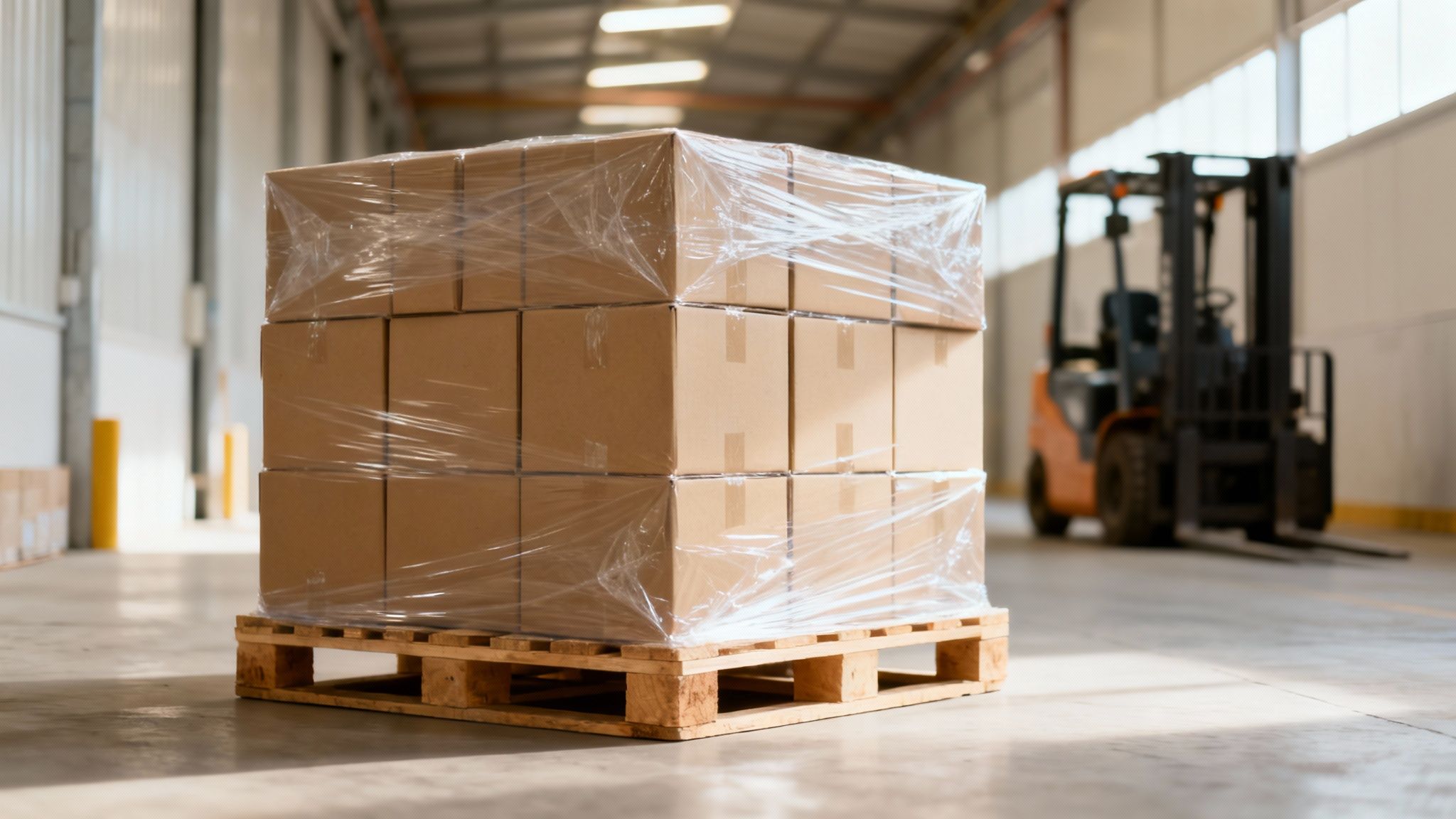Shrink-wrapped cardboard boxes stacked on a wooden pallet in a warehouse with a forklift.