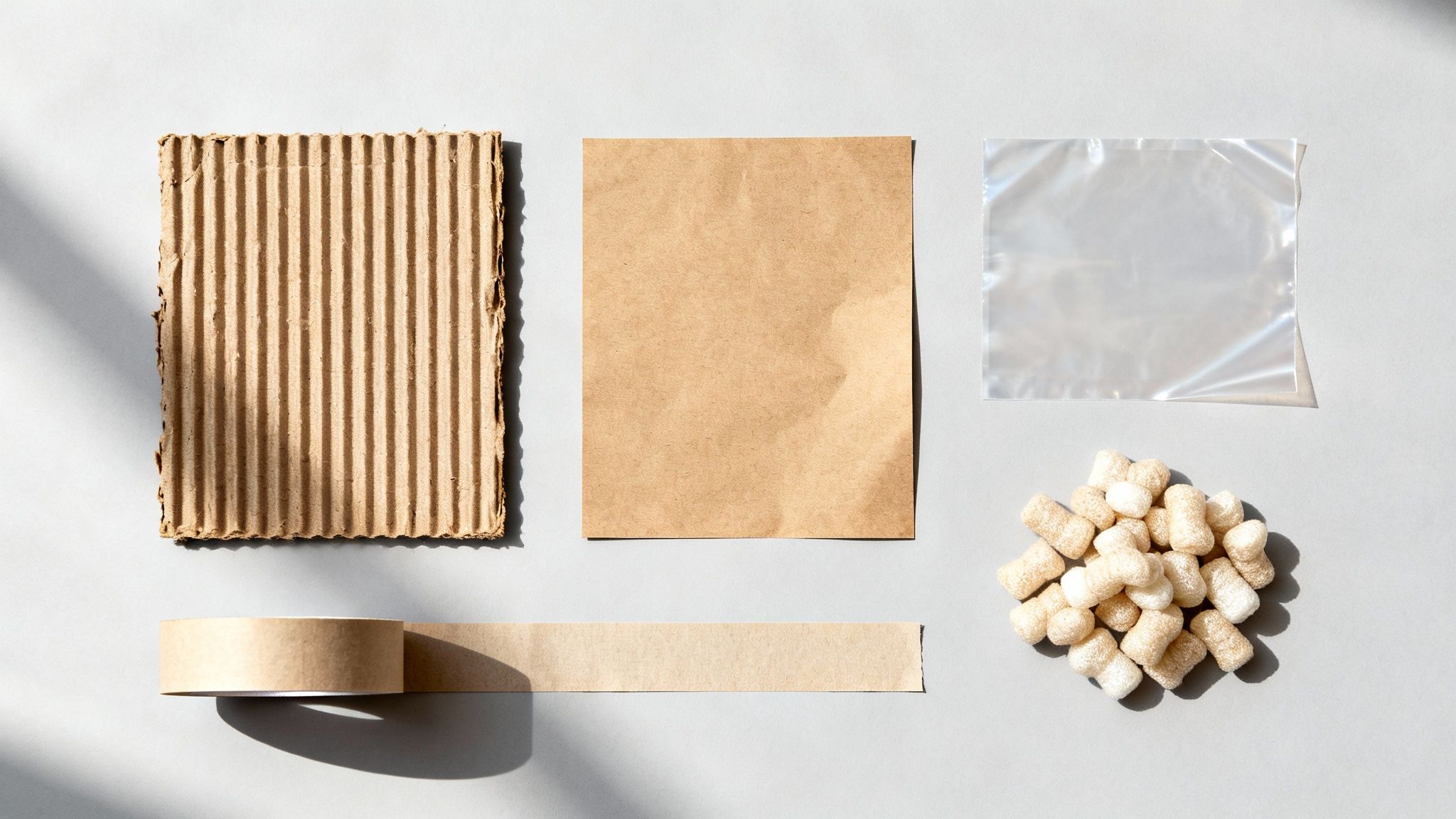Flat lay of diverse packaging materials: cardboard, kraft paper, packing peanuts, tape, and a clear plastic sheet.