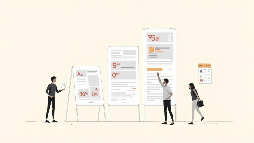 Three individuals collaborate on multiple large screens displaying various data and UI design layouts.