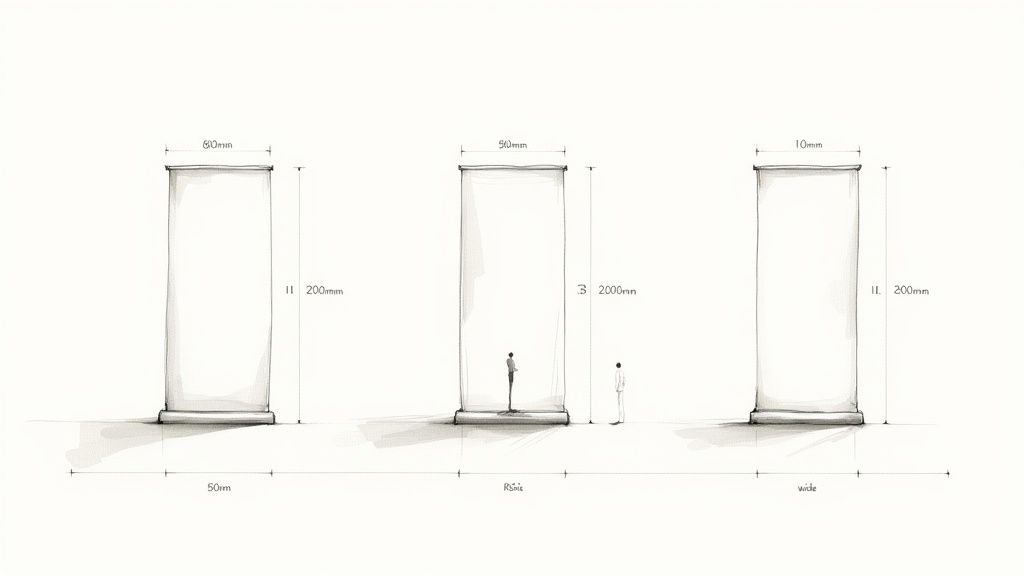 Technical drawing showing three pull up banner stands with dimensions: 80mm, 90mm, and 10mm widths, all 2000mm height