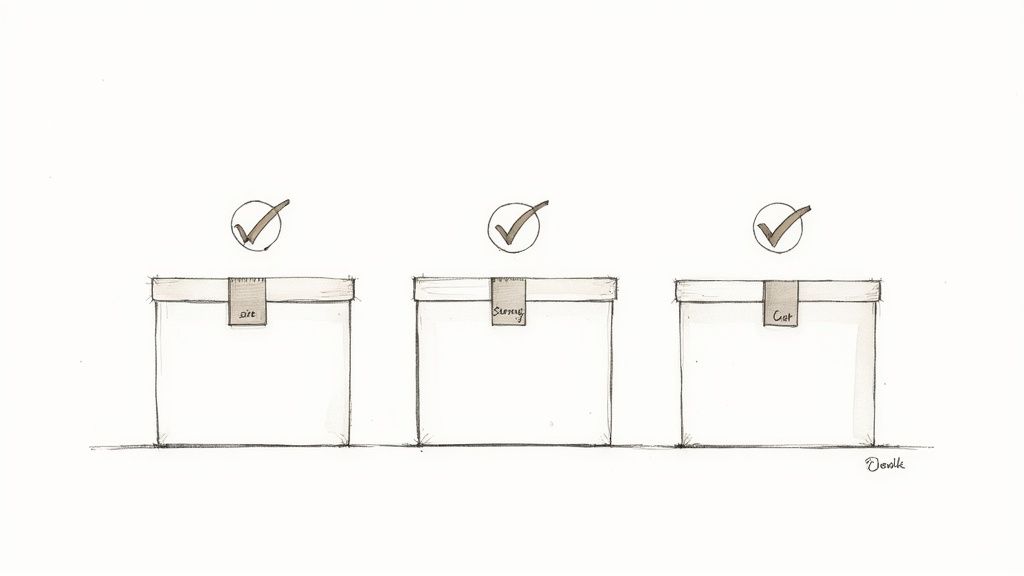 Three hand-drawn cardboard boxes with 'size', 'Strong', and 'Cost' tags, each marked with a check.