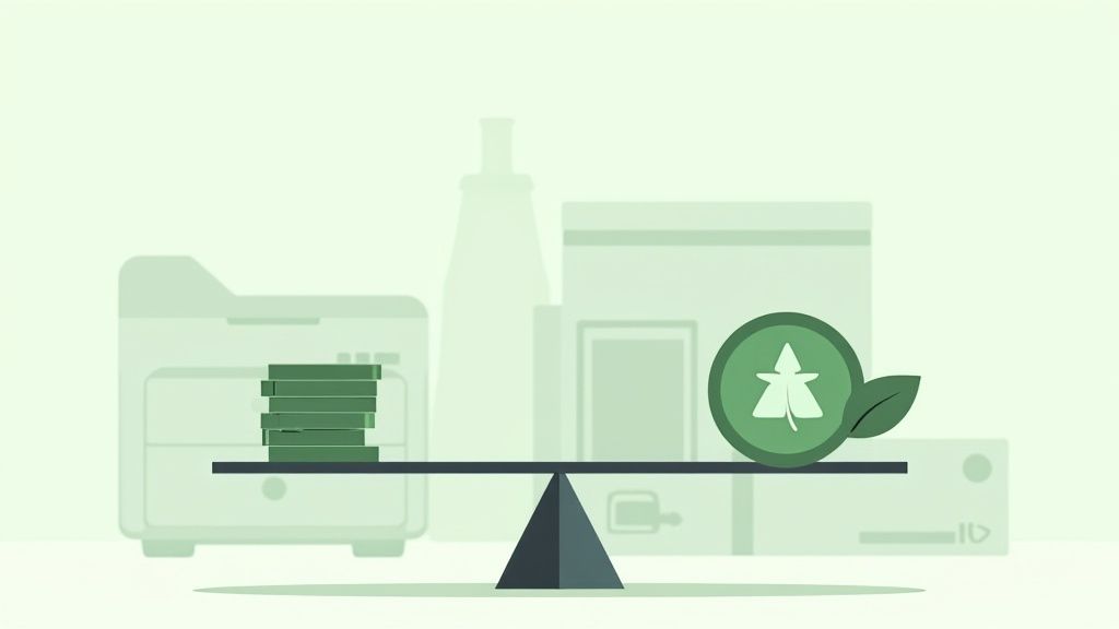 A green balance scale weighing a stack of money against an eco-friendly tree and leaf symbol.