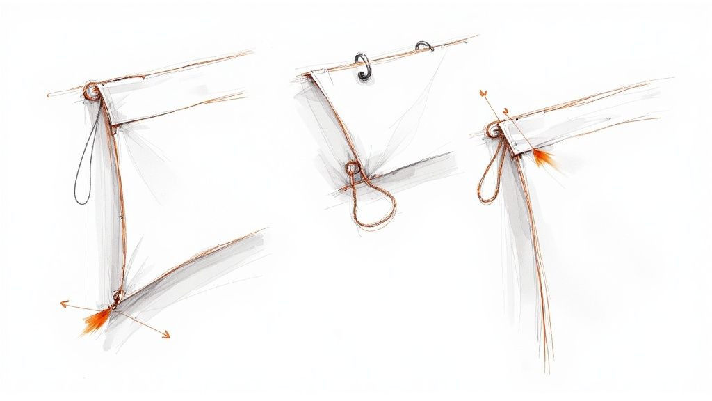 Three detailed diagrams illustrating different methods of attaching a banner to a rod using rope loops.