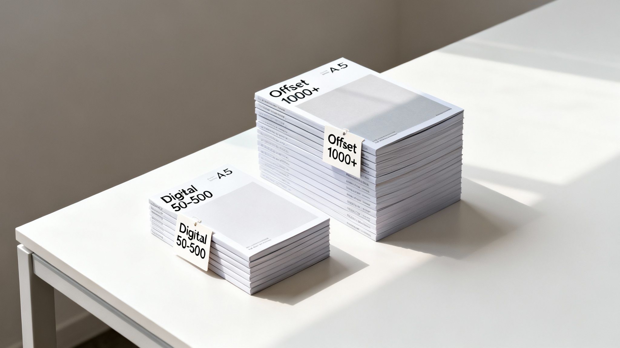 Stacks of A5 print samples showing digital (50-500) and offset (1000+) booklet printing options.