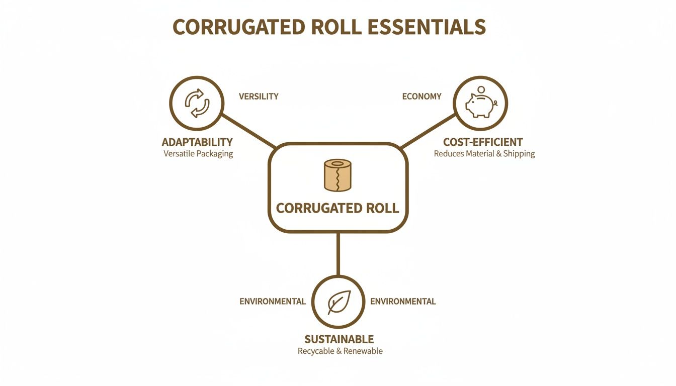 Diagram illustrating corrugated roll essentials, highlighting its adaptability, cost-efficiency, and sustainability as a packaging solution.
