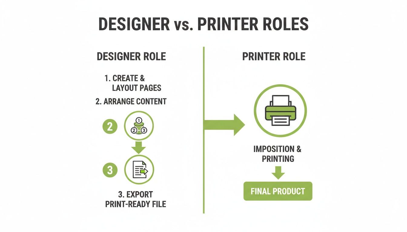 Flowchart illustrating designer's role (layout, content, export) and printer's role (imposition, printing) for a final product.