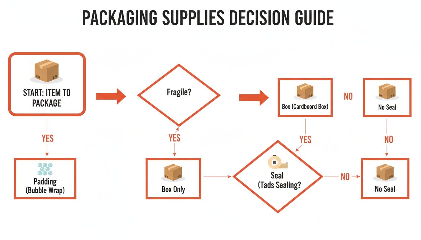 A packaging supplies decision guide flowchart showing steps for item packaging, padding, and sealing.