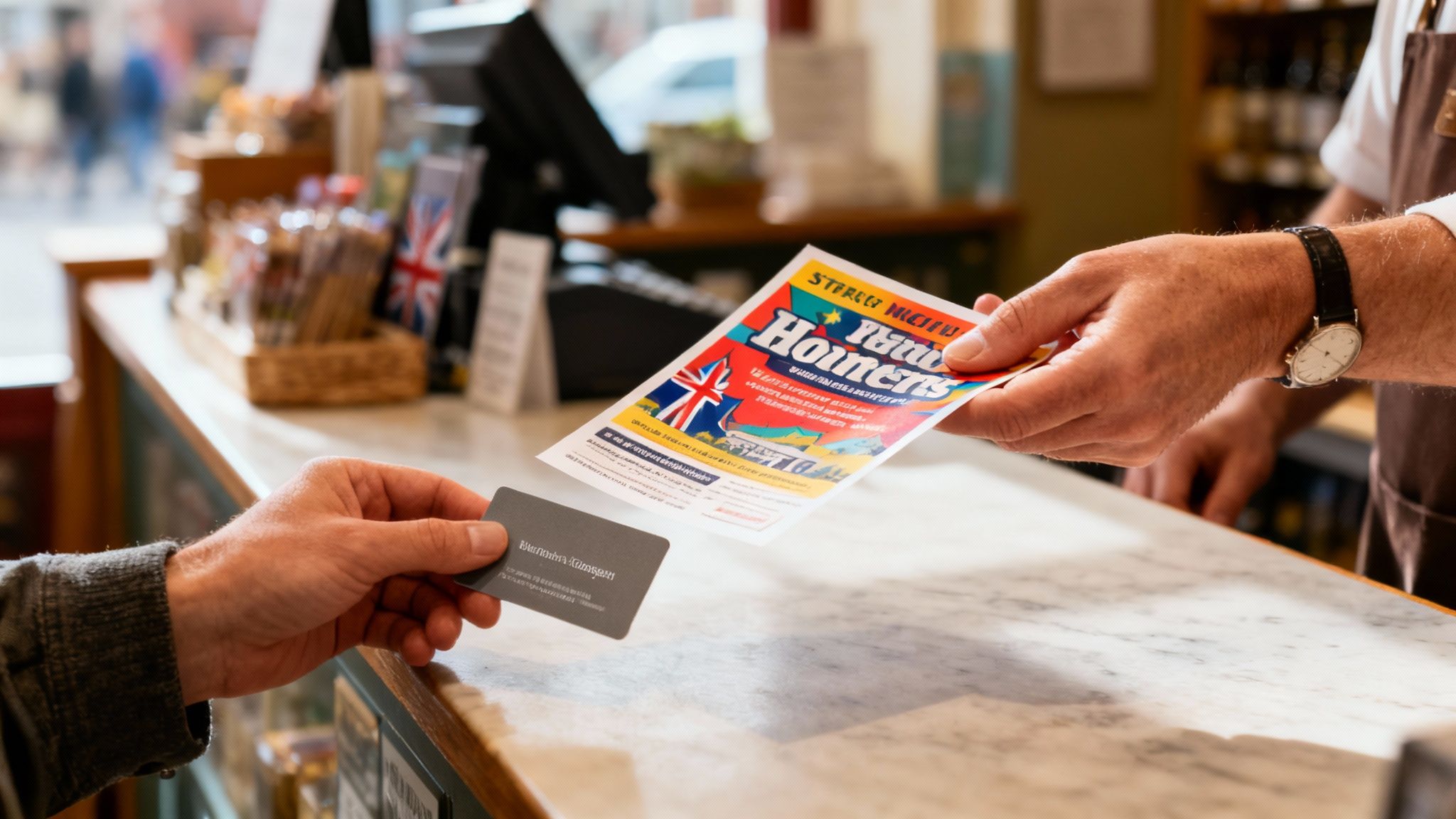 A customer receives a colorful promotional flyer and hands over a dark business card at a shop counter.