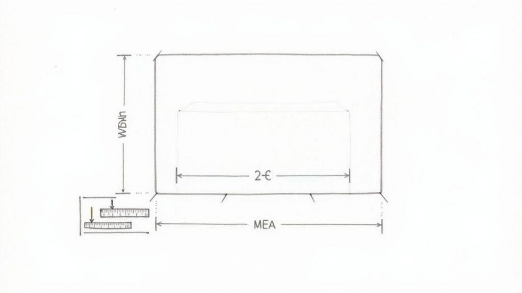 A tape measure being held up against a large flat-screen TV to demonstrate the correct measuring process.