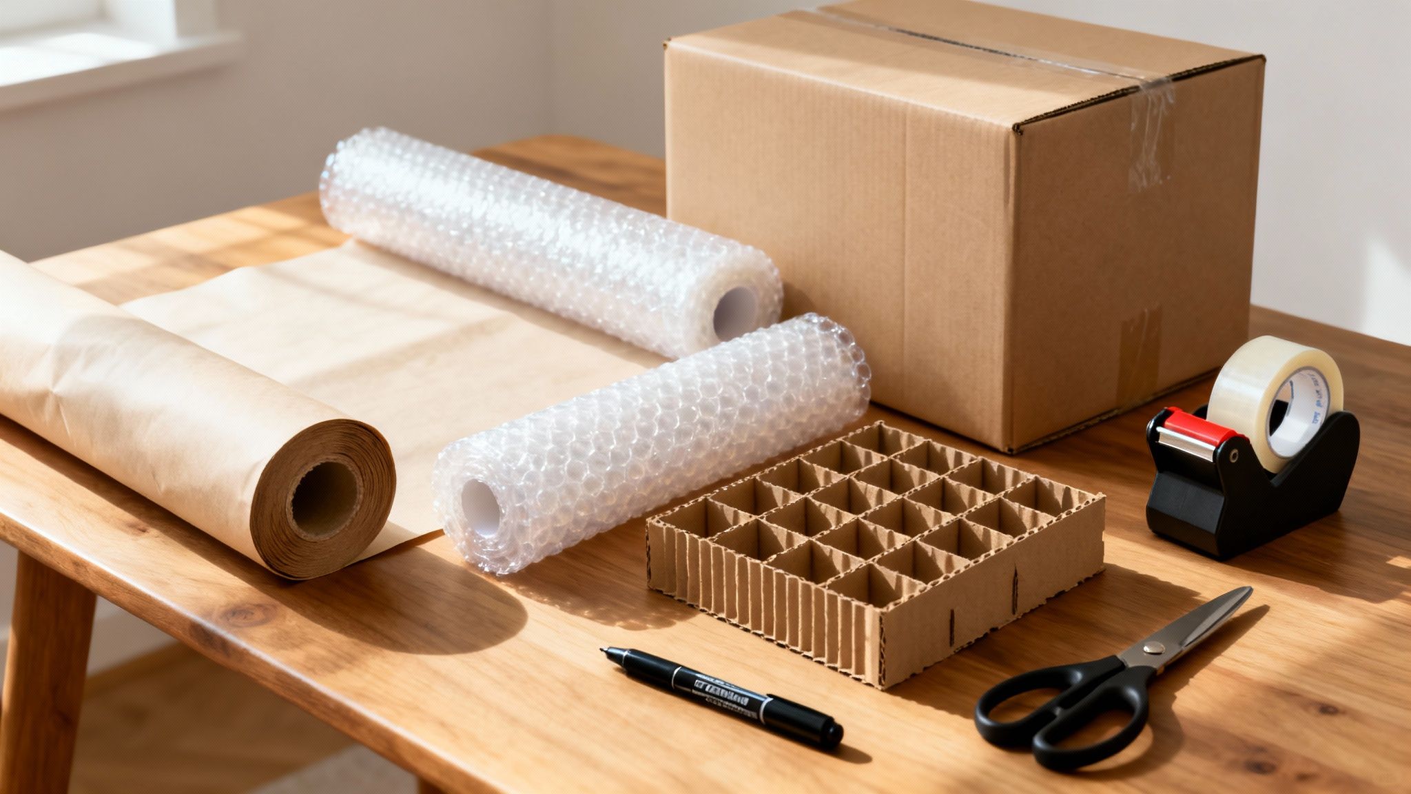 Packing supplies on a wooden table, including a box, bubble wrap, paper, tape, and scissors.