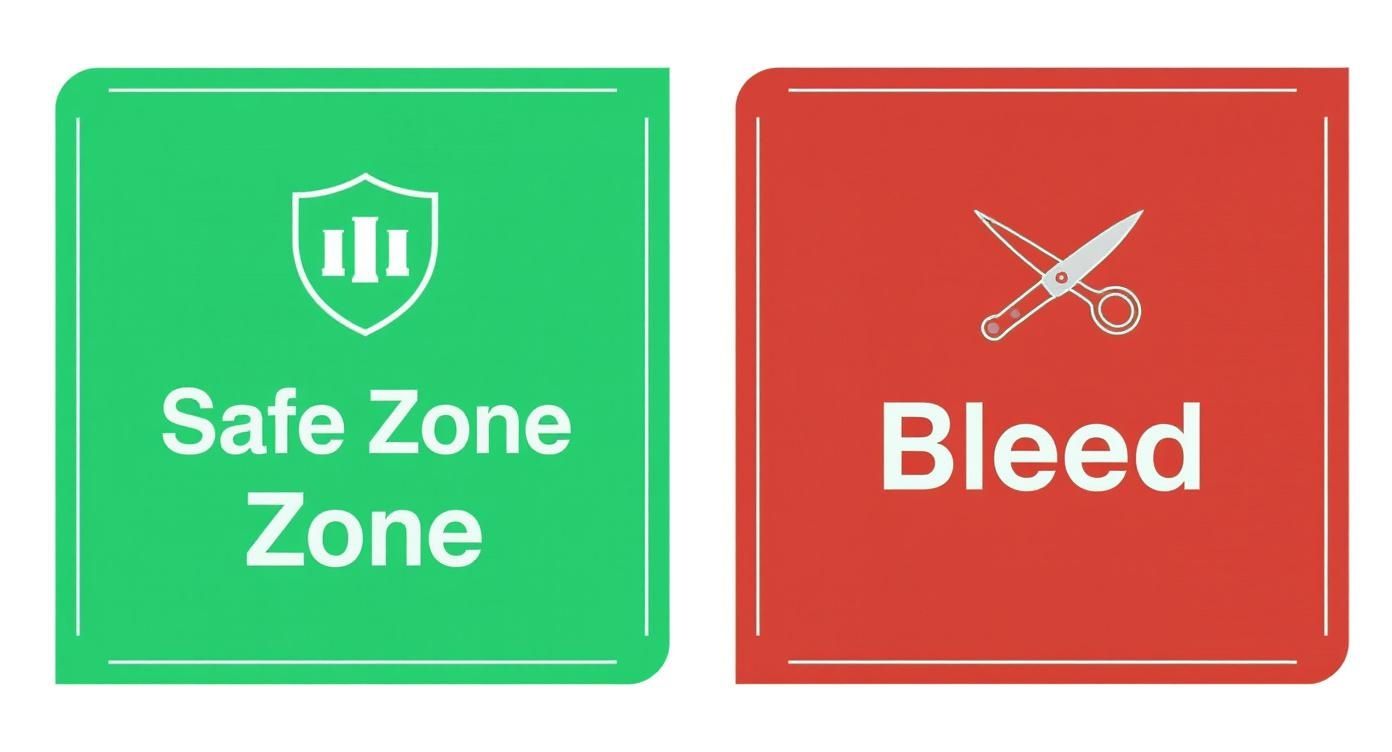 Green safe zone and red bleed area indicators for print design layout specifications