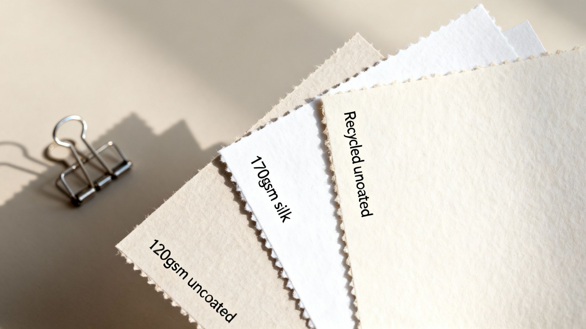 Close-up of various paper samples including 120gsm uncoated, 170gsm silk, and recycled uncoated, next to a binder clip.