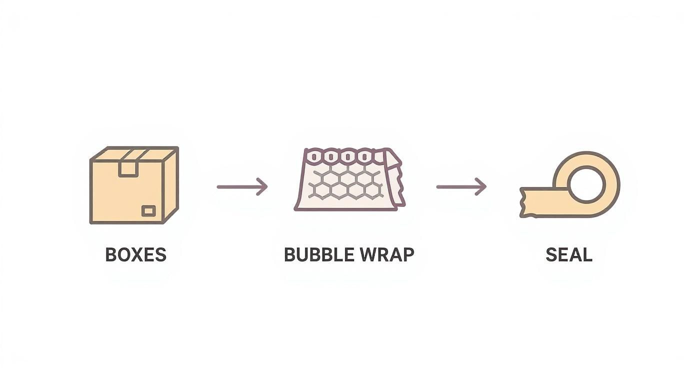 Simple illustration showing the process of packing: boxes, bubble wrap, and sealing with tape.