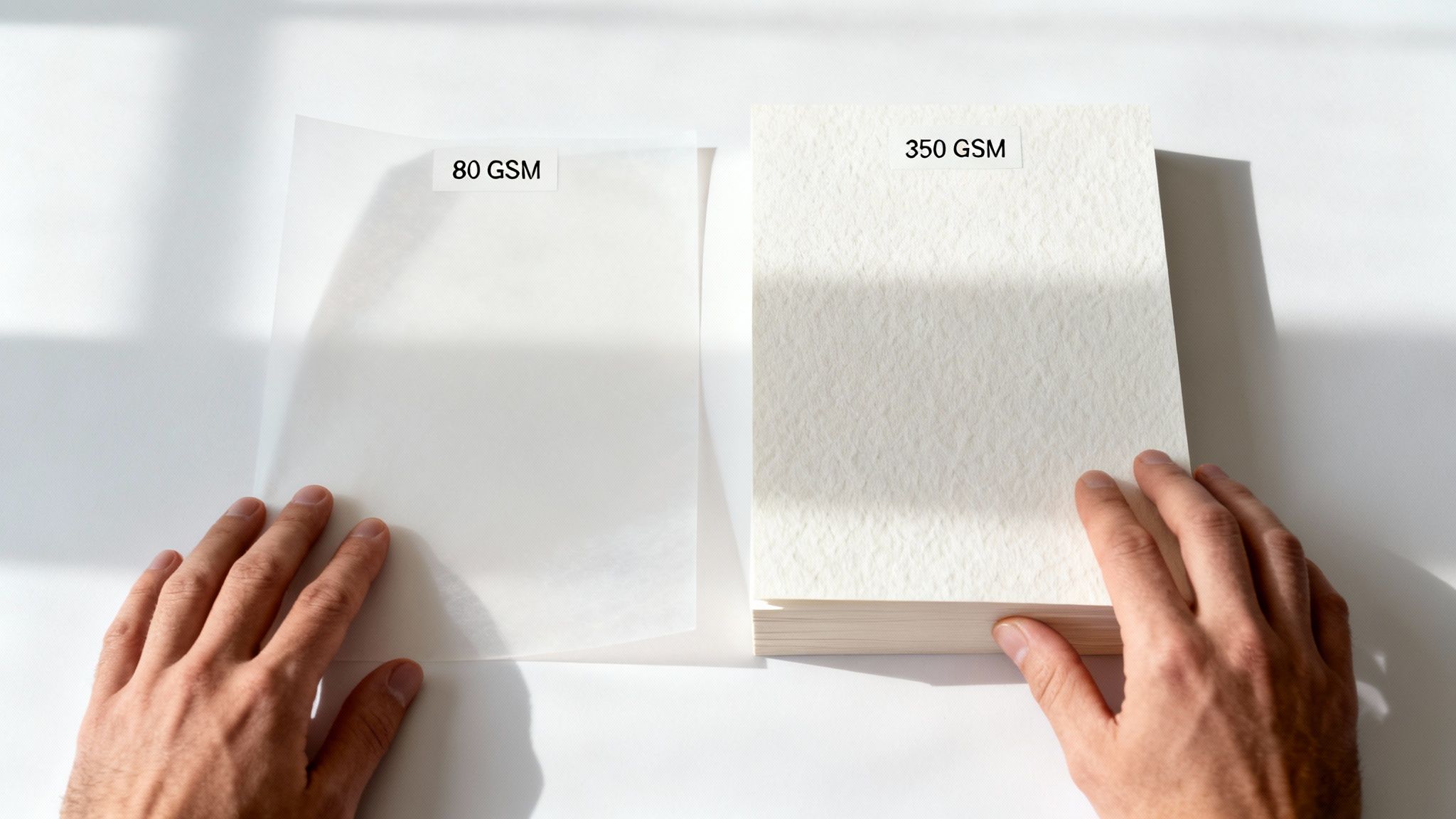 Two hands comparing thin 80 GSM and thick 350 GSM paper, demonstrating paper weight differences.