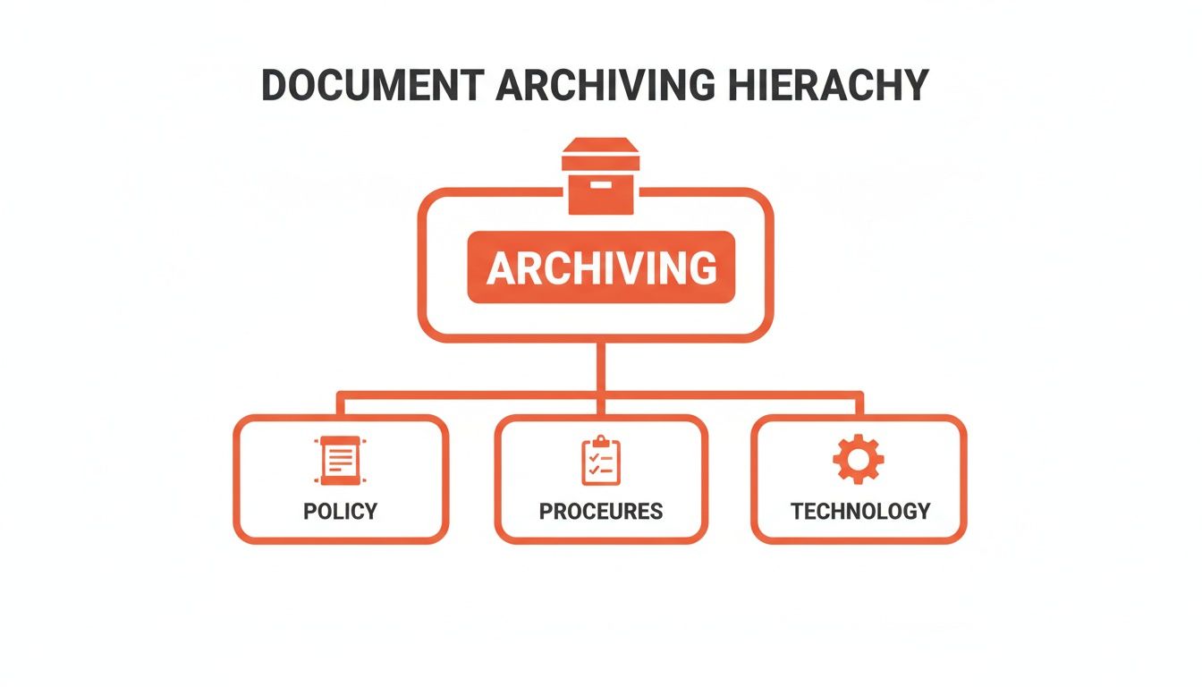 A hierarchical diagram illustrates document archiving, showing archiving at the top, supported by policy, procedures, and technology.