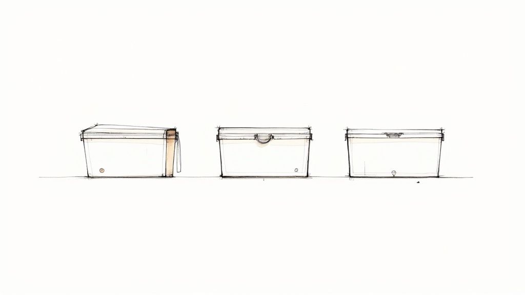 Three minimalist sketch drawings of rectangular storage boxes with lids lined up.